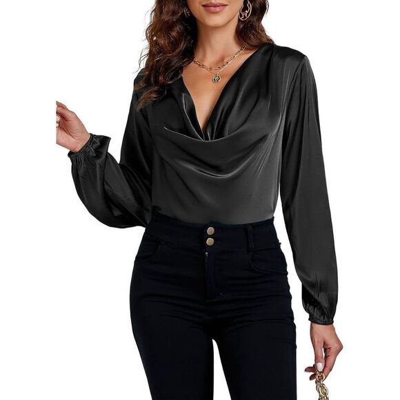 NEW Satin Collar Neck Drape Ruched Front Blouse M - Picture 1 of 6